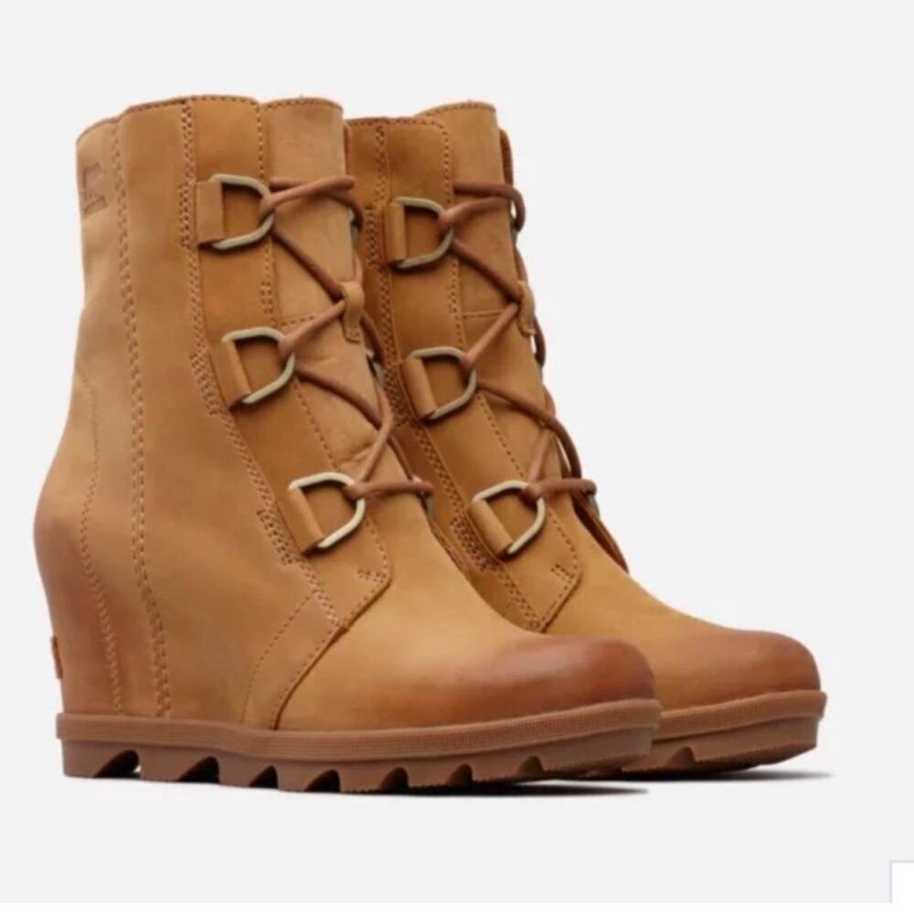 Sorel Joan Of Arctic Camel Brown Waterproof Leather Lace Up Wedge Boots Size 9.5